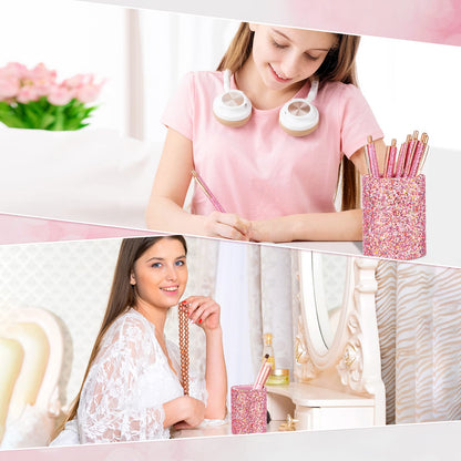 BBTO Bling Sequin Pen Holder with 6 Pcs Sequin Click Pens Cute Glitter Retractable Ballpoint Pens, Pencil Cups for Desk Organizer Makeup Brush Holder for Women Girls Classroom Offices(Pink)