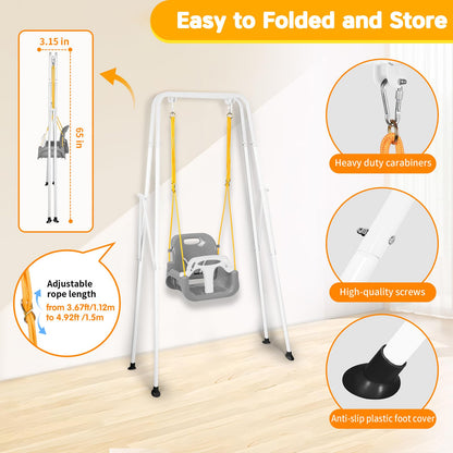 3-in-1 Toddler Swing Set, Foldable Baby Swing with Stand, Indoor & Outdoor Kids Swings Sets, Multifunctional Swings for Home Backyard, Easy to Install and Store (White)