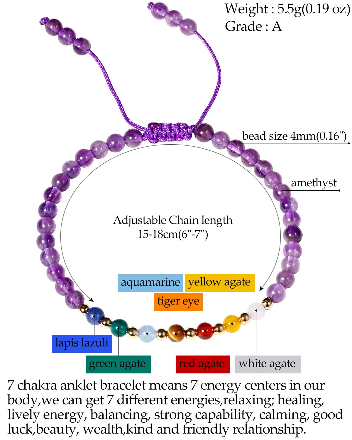 Jewever 7 Chakra Bracelets for Women Real Stone Lucky Rope Crystal Bead Bracelet Crystals and Healing Stones Jewelry Birthday Gifts (Amethyst)