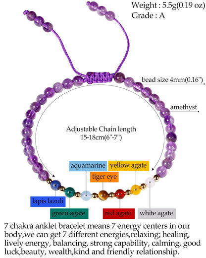 Jewever 7 Chakra Bracelets for Women Real Stone Lucky Rope Crystal Bead Bracelet Crystals and Healing Stones Jewelry Birthday Gifts (Amethyst)