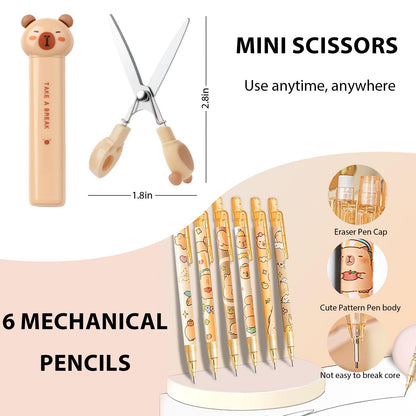 Capybara Stationery Set,Cute Capybara School Supplies,Kawaii Stationery Birthday Gifts,Includes Ballpoint Pens,Eraser, Mechanical Pencils,Correction Tape,Gel Pens,Scissors,for Office School Supplies