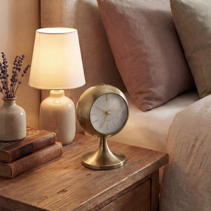 TIMESS Analog Alarm Clock, Mid-Century Modern Desk Clock, Silent Non-Ticking Quartz Table Clock with Gold Hands, Battery Operated Decorative Clock for Bedroom, Office, Living Room (Gold)