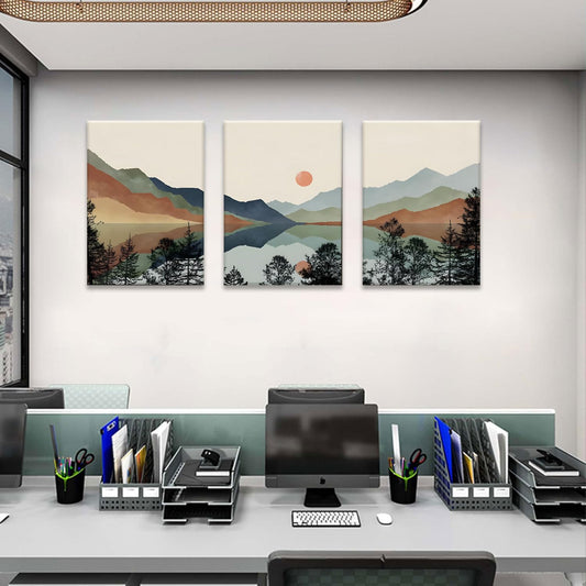 Bwodke Canvas Wall Art Framed Mountain Wall Art Set of 3 Boho Watercolor Nature Landscape Picture Decor Sun Forest Abstract Prints Artwork Painting for Living Room Bedroom Office 12"x16"