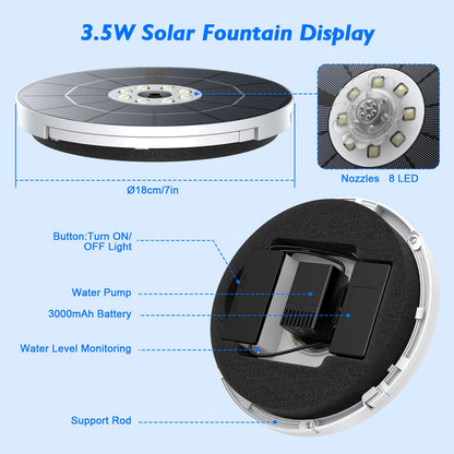 AISITIN 3.5W Solar Fountain with Lights, Built-in 3000mAh Battery & 3 Fixed Brackets & Crystal Ball & 8 Nozzles, Solar Water Fountain for Bird Bath, Backyard, Garden, Fish Pond, Only Work at Night!