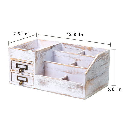 Distressed Rustic Wooden Office Desktop Organizer Shelf Tabletop Home Organizer Storage with Multiple Compartments 2 Tier Drawers perfect Jewelry storage Display Box for Desk Vanity (Washed white)