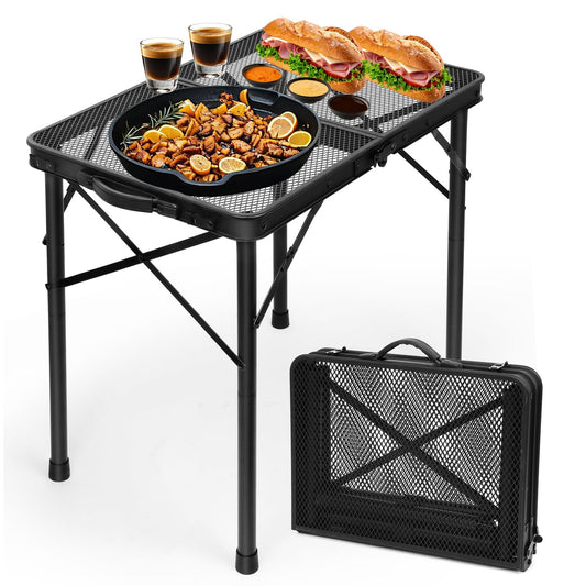 2Ft Small Folding Table with Carry Handle, Camping Table Adjustable Height 10.6–22 in, Black Metal Mesh, Portable & Compact for Outdoor/Indoor,Grill Table, 23.6×15.8 in, 4 lb, 66 lb Capacity
