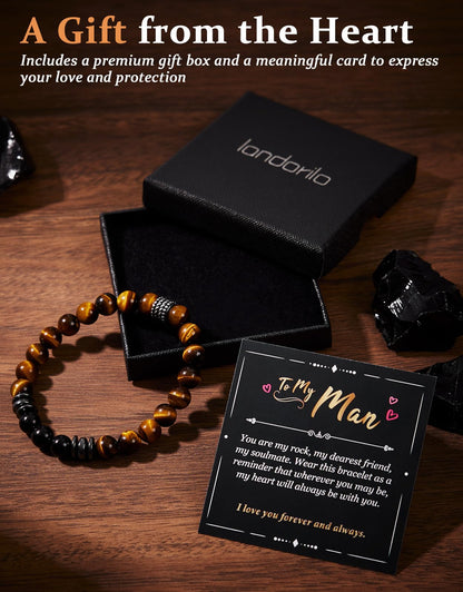Landorilo Gifts for Men, 8mm Natural Stone Beaded Bracelets, Tiger's Eye & Black Tourmaline Healing Bracelet, Handmade Mens Jewelry Gift for Him, Husband, Son, Father, Friend(To My Son-8.3in)