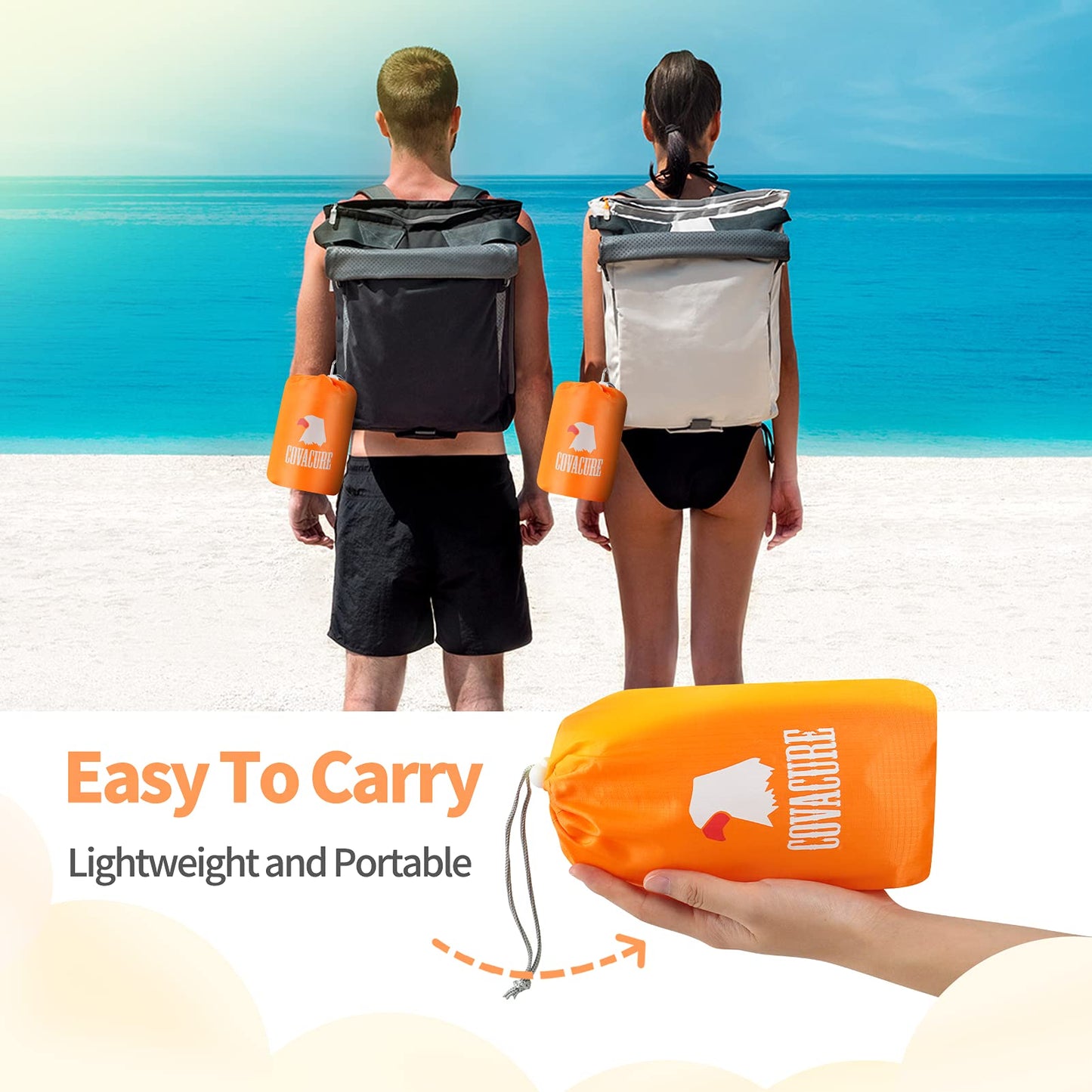 covacure Extra Large Beach Blanket Sandproof Waterproof - 108"x85" for 7-8 Adults, Oversized Beach Mat with Zipper Pockets, Lightweight Outdoor Accessories for Camping, Travel (Orange-M, 108"x85.2")