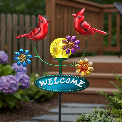 Newinhome Solar Garden Stakes Metal Welcome Signs for Outside 29.5', 2 Flying Cardinals with Cracked Glass Ball,Decorative Garden Stakes for Lawn, Patio, Cardinal Gifts for Women