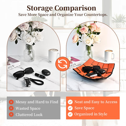 MSJGA Valet Tray PU Leather Key Holder Bowl for Women and Men Entryway Table Nightstand Desk Tray for Wallet, Keys Men's Gift - Orange & Black, 9.8" L x 9.8" W x 2" H