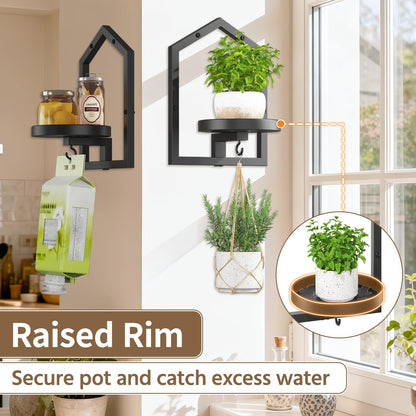 LASZOLA 2 Pcs Black Wall Mount Plant Shelves with Hangers for Indoor Flower, Heavy Duty Metal Window Floating Planter Holders Stand, Iron Modern Picture Frame Decorative for Bathroom Kitchen with Hook