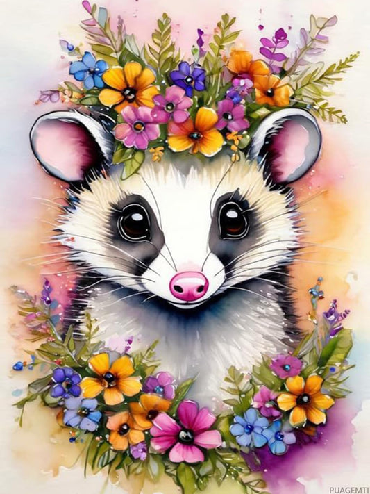 PUAGEMTI Diamond Painting Kits for Adult, DIY 5D Diamond Art Kits, Animals with Garlands Full Drill Round Crystal Virginia Opossum Diamond Dots Art Crafts for Home Wall Decor 12x16inch