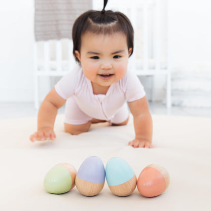 Pearhead Wooden Egg Shaker Baby Toy Set – 4-Piece Montessori Musical Sensory Toy, FSC-Certified Wood, Develops Rhythm & Fine Motor Skills, Pastel Baby Maracas for Boys and Girls, 0+ Months