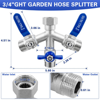 Garden Hose Splitter 3 Way, Heavy Duty 304 Stainless Steel Hose Splitter with Shut-off Valves, Full Flow Garden Water Hose Bib Spigot Splitter, 3/4'' GHT Thread Outdoor Faucet Splitter