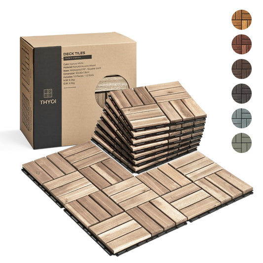 THYOI Premium Deck Tiles, Patio Flooring - Outdoor Waterproof Acacia Wood Tiles for All Weather Use - Balcony, Backyard, Indoor & Outdoor (Square Ft) (10, White, 12S)