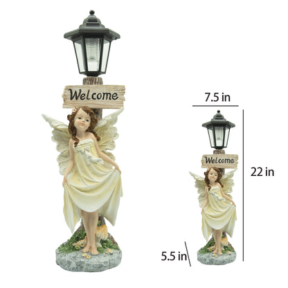 Floryden Garden Fairy Solar Light Welcome Sign, 22" in Height, Decorative Outdoor Statue with Auto Light-Up Feature