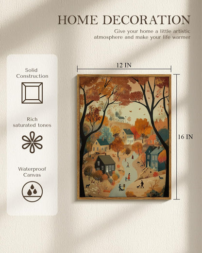 WHASAYART Autumn Cozy Village Landscape Scene 12x16 Framed Canvas Print, Rustic Fall Country Trees Wall Art with Warm Colors, Thanksgiving House Office Entryway Seasonal Decor