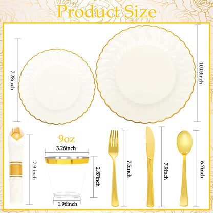 210 Pcs Ivory Scalloped Plastic Dinnerware for 30 Guests,Cream Gold Scalloped Disposable Plastic Plates Including 30 Dinner&Dessert Plates,Cups,Silverware for Party,Wedding