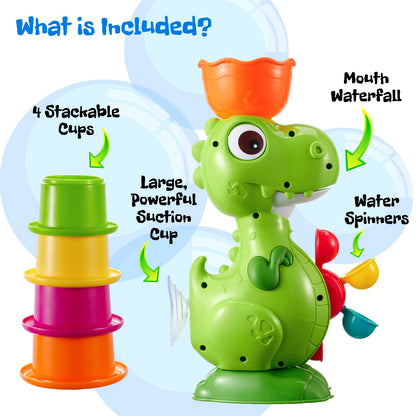 Dinoland Dinosaur Bath Toys for Kids Ages 1-3, Baby Bath Toy with 4 Water Cups and Spinning Wheels, Fun Educational Bathtub Toy for Kids Age 2-4 Boys and Girls, Suction Cup Wall Mount