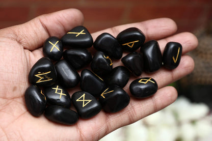 Crocon Black Tourmaline Gemstone Elder Futhark Alphabet Engraved Symbol Rune Stone 25 pcs Set for Feng Shui Chakra Balancing Reiki Healing Spiritual Metaphysical Size: 2025 mm