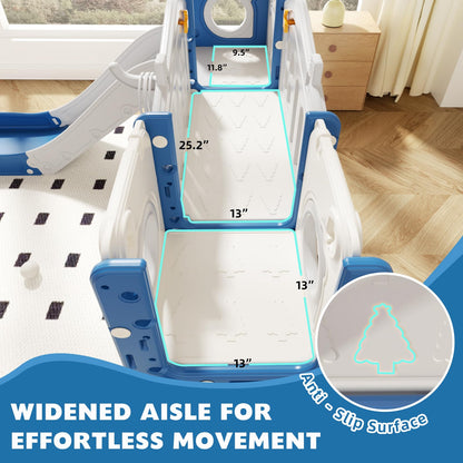 67i 10-in-1 Toddler Playground Set with Slide & Climber, Indoor Outdoor Play Gym for Toddlers 1-3, Quick Compact Setup Kids Playset with Basketball Golf Ring Toss Telescope Dino Area (Blue Gray)