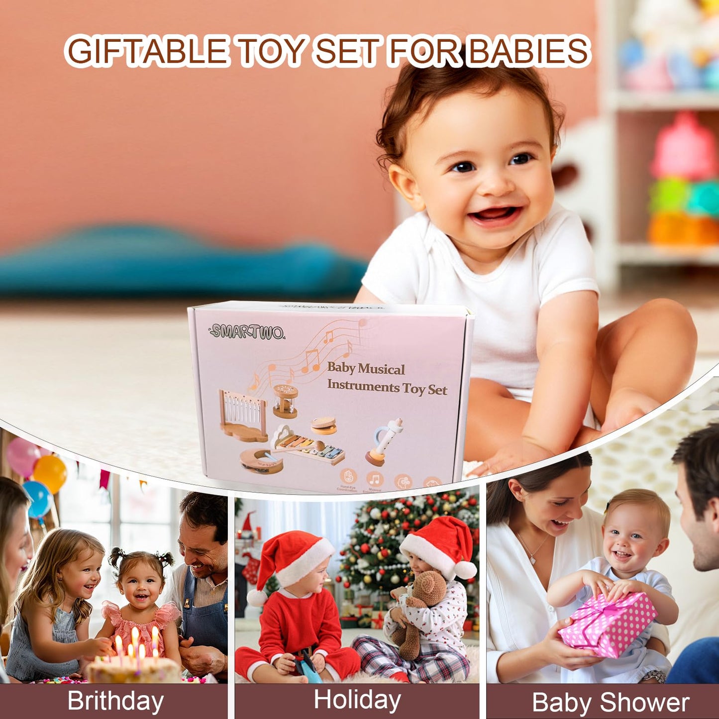 Smartwo Baby Montessori Musical Instruments,Wooden Percussion Xylophone Musical Toys for Toddlers,Sensory Toys for 18+ Month Old,Kids Preschool Educational,Birthday Gift for Ages 2 3