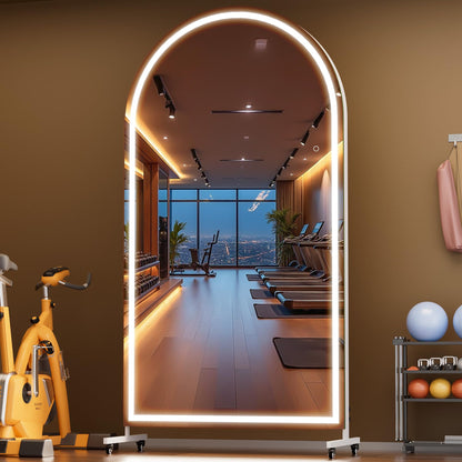 Hasipu 79" x 40" Arched LED Rolling Gym Mirror with Wheels, Dimmable Lighted Body Mirror with 3 Color Temperatures & Adjustable Brightness for Bedroom, Yoga Studio & Home Gym