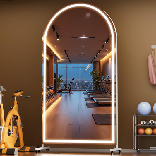 Hasipu 79" x 40" Arched LED Rolling Gym Mirror with Wheels, Dimmable Lighted Body Mirror with 3 Color Temperatures & Adjustable Brightness for Bedroom, Yoga Studio & Home Gym