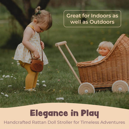 Wiklibox Natural Rattan Doll Stroller - Hand Made in Europe - Fits 17" Dolls & Plush Toys - Wicker Doll Pram & Baby Walker with Bedding Set - Perfect for Imaginative Play