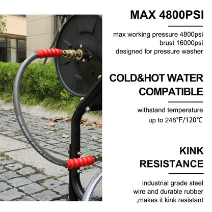 Heliwoo Pressure Washer Whip Hose 5FT, 3/8'' Reel Connector for Power Washer, 248°F Hot Water Jumper with 3/8'' Quick Connect Adapter Set, Steel-Braided-4800 PSI