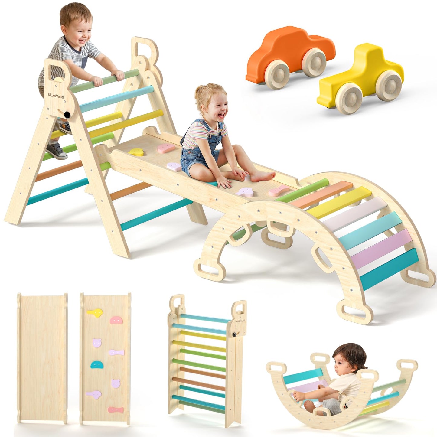 BlueWood Pikler Triangle Set 7in1 Foldable Baby Climbing Toys Wooden Montessori Climbing Set with Arch&Ramp&Ladder Baby Climber Indoor Jungle Gyms for Toddlers Montessori Toys - Rose Garden