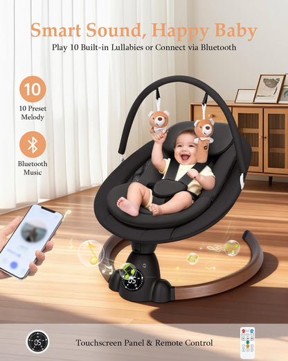 Baby Swing for Infants, Electric Baby Swing with Bluetooth, Portable Infant Swing with 5 Speeds, 10 Lullabies, 5-Point Harness & Remote Control, for Newborns Infants Indoor Outdoor Use (Black)