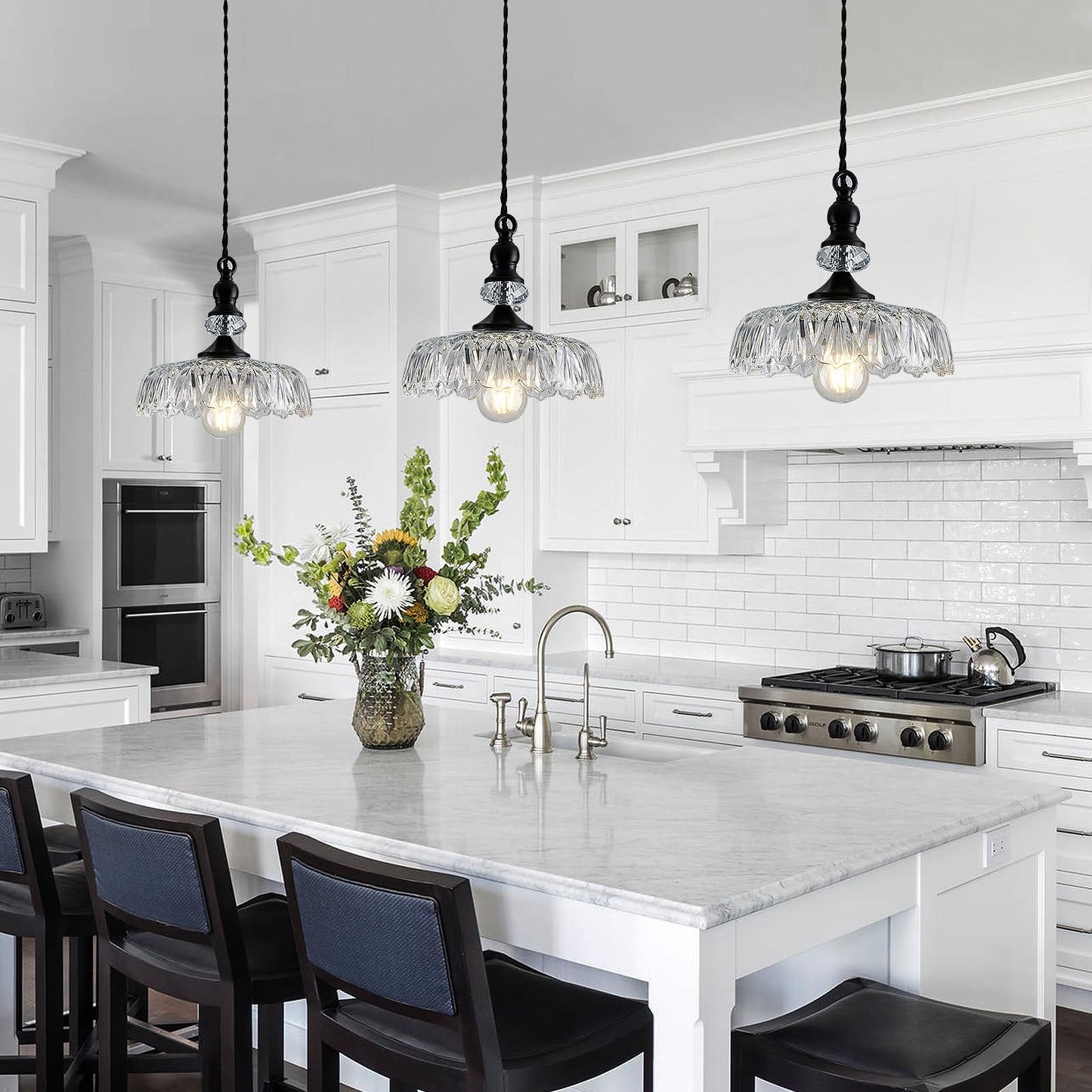CVKASH Vintage Glass Pendant Light Fixture Black Modern Adjustable Chandelier Hanging Light for Farmhouse Dining Room Kitchen Bedroom Hallway Island