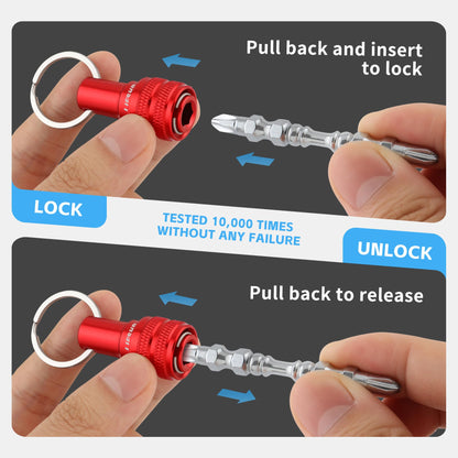 6Pcs Drill Bit Holder Key Chain, 2 Sets 1/4 Hex Shank Aluminum Alloy Push to Unlock Quick Release for Impact Bit Driver Extension Bar Nut Driver Screwdriver & Drill Bits,Tool Gifts for Men-Multi Color