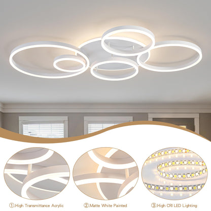 O'NEELDY Modern LED Ceiling Light White Flush Mount Ceiling Lights Fixtures Dimmable 47" Dining Room Light Fixture with Remote 6 Rings Kitchen Lighting Fixtures Ceiling Lamp for Bedroom,Living Room