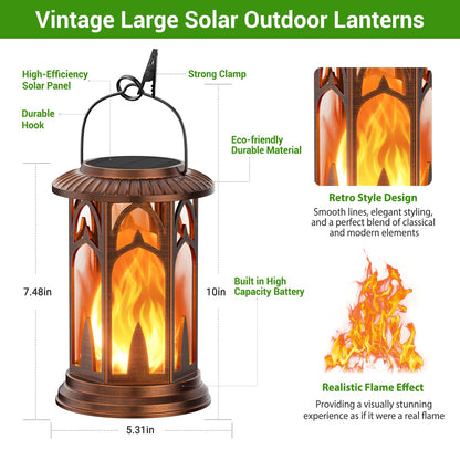 KOOPER Taller Solar Lanterns Outdoor Waterproof Hanging Solar Lantern Lights, 2Pack Upgraded Flickering Flame Lanterns Decorative Outdoor, Battery & Solar Powered lantern for Garden Yard Decor, Bronze