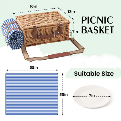 TOSTOOIRX Willow Picnic Basket Set for 4 with Large Insulated Bag and Waterproof Picnic Blanket, Wicker Picnic Hamper for Camping, Outdoor, Birthday, Valentine, Navy