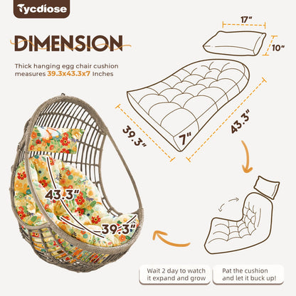 Tycdiose Outdoor Hanging Egg Chair Cushion Replacement, Thicken Egg Chair Cushion Waterproof Basket Eggs Chairs Cushion with Headrest Pillow, U-Shaped Cushions for Hanging Eggs Chairs Swing (Daisy)