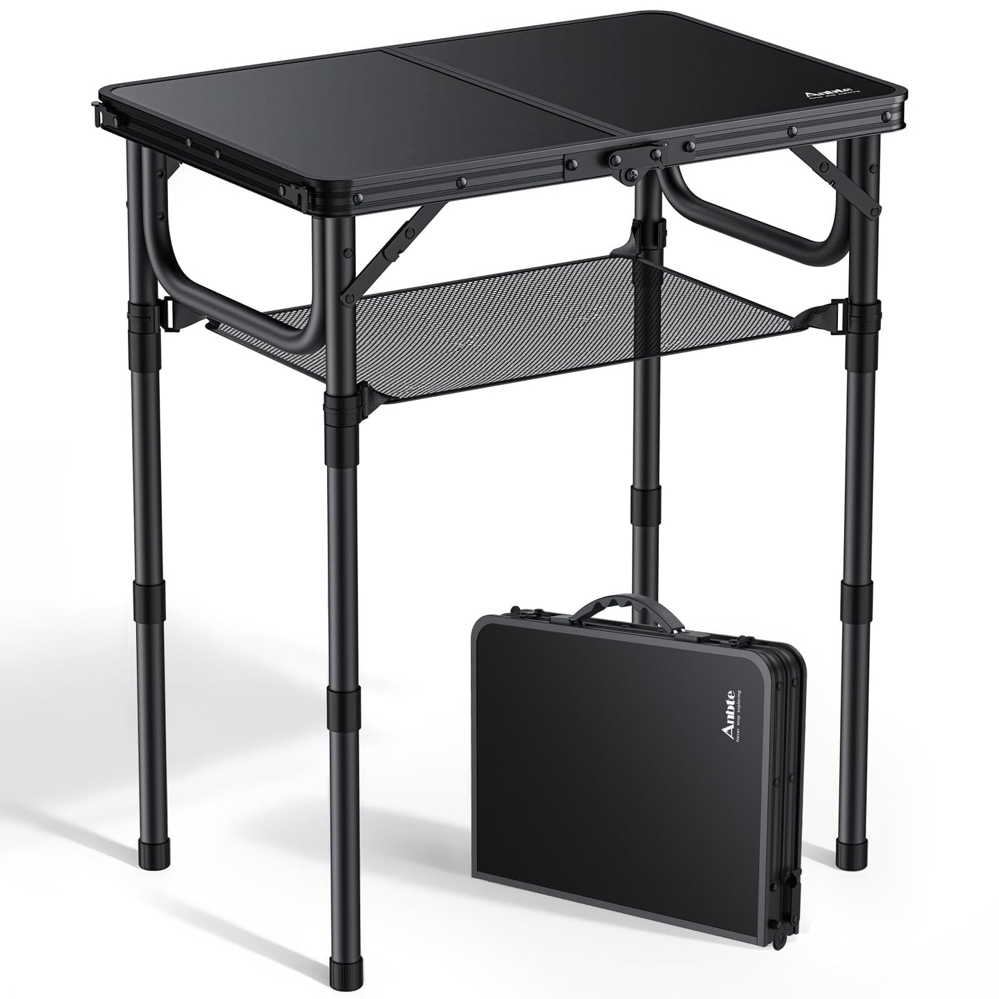 Anbte Folding Camping Table with Storage Net, Pure Black Aluminum 2ft Picnic Table 23.2" x 16" Outdoor Table Adjustable Height Max 27.5", Lightweight, Waterproof, Portable Handle for Travel Cooking