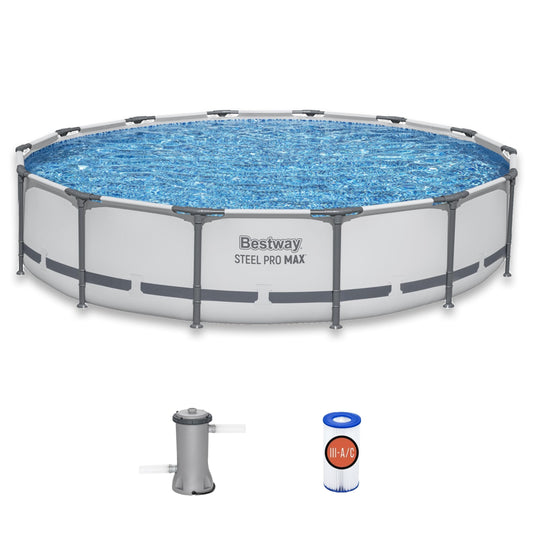 Bestway Steel Pro MAX 14' x 33" Round Above Ground Swimming Pool Set, 530 GPH Filter Pump, Tritech Puncture Resistant Liner, ClickConnect Steel Frame, Gray
