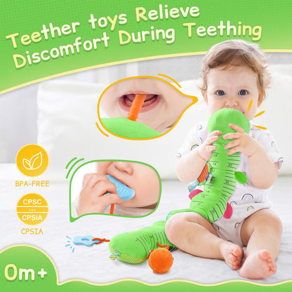 Tummy Time Baby Toys Sensory Musical Animal Stuffed Car Seat Toy for Infant 0-3-6-12 Months Newborn, Plush Caterpillar with Mirror,Crinkle,Rattle Teething Toys for Baby Boys Girls Shower Gifts, Green