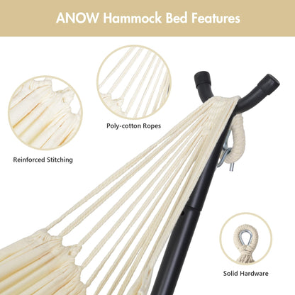 ANOW Outdoor Hammock with Stand Included, Space Saving Heavy-Duty Hammock Stand with Adjustable Height, 475 Lbs Capacity, Cream with Tassels