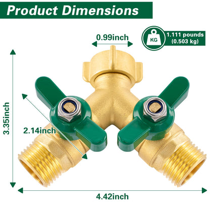 Cekwiet Heavy Duty Garden Hose Splitter 2 Way, Brass Full Flow Y Hose Splitter with Thickened Easy-Turn Handle, 3/4" GHT Outdoor Faucet Connector with Shut-Off Valves