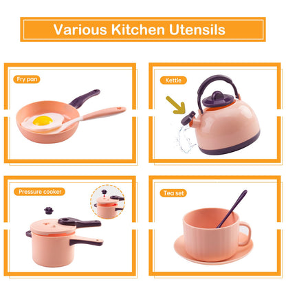 56Pcs Mini Play Kitchen Accessories for Kids, Pretend Cooking Playset with Cookware, Tableware & 2 Fruit Sets, Learning Gift for Girls, Boys, Toddlers, Pink