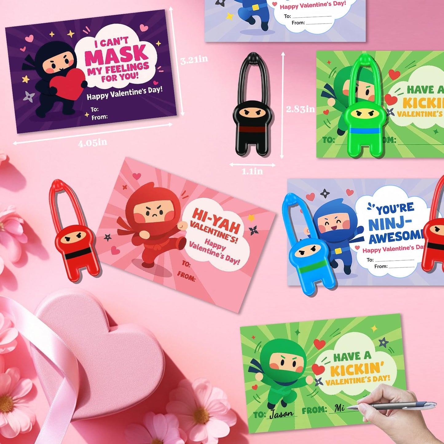 HFZCZW Valentines Day Cards for Kids,24 Pack Ninja Sticky Stress Relief Tricky Toys with Valentines Flying Elastic Slingshot Ninja Toys,Valentine Exchange Gift for Kids Girls