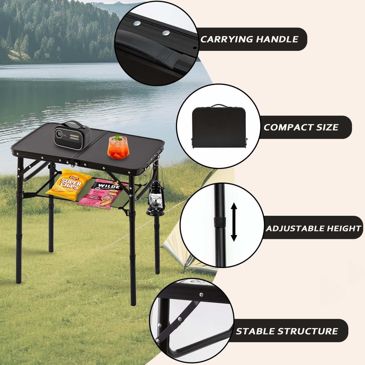 YihuiKo Folding Picnic Table with Storage Net, Matte Black Aluminum Folding Table 23.6" x 15.8", Adjustable Height Max 27.5", Lightweight Portable for Camping Travel Grill Indoor
