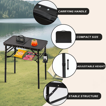 YihuiKo Folding Picnic Table with Storage Net, Matte Black Aluminum Folding Table 23.6" x 15.8", Adjustable Height Max 27.5", Lightweight Portable for Camping Travel Grill Indoor