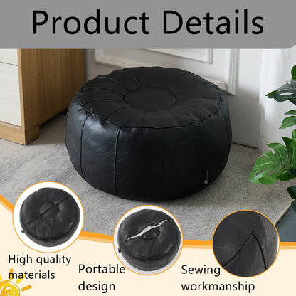 Louis Donné Unstuffed Pouf Ottoman Cover, Handmade Faux Leather Moroccan Pouf Ottoman Footstool, Floor Footrest Cushion, 21x12inch Black Storage Solution Poufs for Lving Room Gifts, ONLY Cover