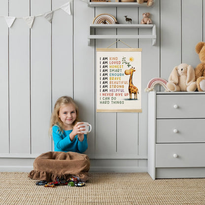 Positive Affirmations Wall Art Decor– I Am Kind,I Am Strong Canvas Poster with Giraffe Pattern, Motivational Wall Hanging Decor for Classroom Nursery Playroom,Kids Room Decor 14.5x18Inch(Je03)