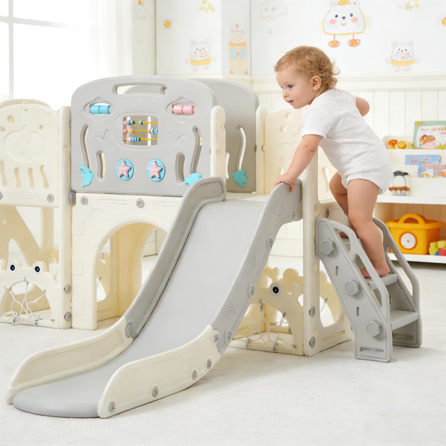 SENCHO GINSYTALIOR 11-in-1 Multi-Activity Toddler Playset with Slide, Basketball Hoop & Telescope - Indoor/Outdoor Playground (Gray+Beige)